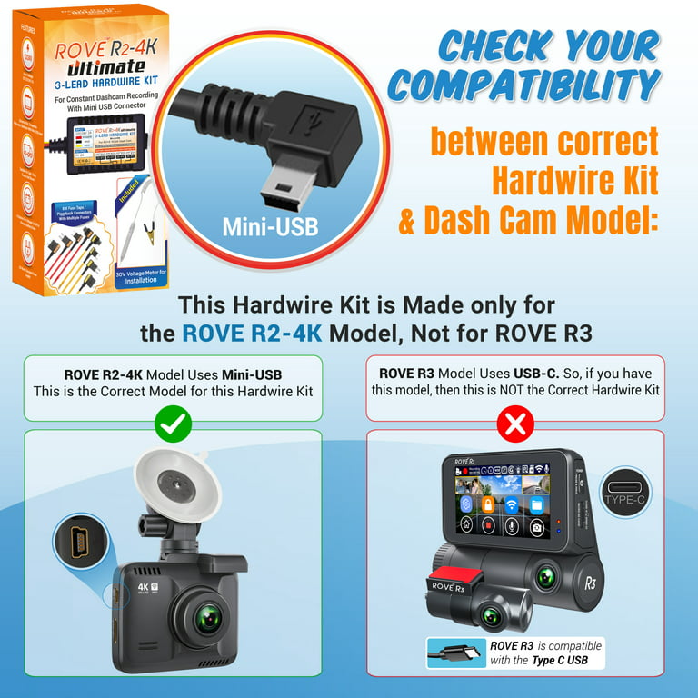 Dash Cam Hardwire Kit, USB Type C, for ROVE R3 Touch Screen 3 Channel Dash  Camera 