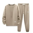 thumbnail image 2 of AWARDER Men's Spring Fall 2-Piece Set, Solid Color Waffle Knit Long Sleeve Round Neck Top and Sweatpants, Comfortable Casual Outfit For Lounge and Home,Beige,L, 2 of 5