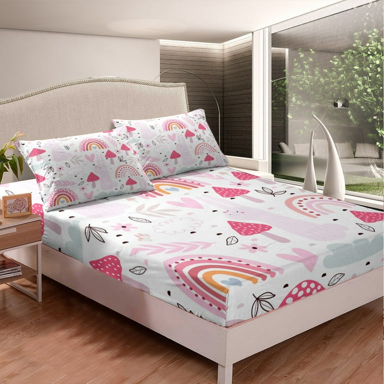 YST 3 Piece Boho Rainbow Bed Sheets Cute Rabbit Fitted Sheet for Kids Nursery Boys Cartoon Animals Pink Rainbow Full Bed Set Girls Pink Room Decor 1 Fitted Sheet 2 Pillowcases Walmart