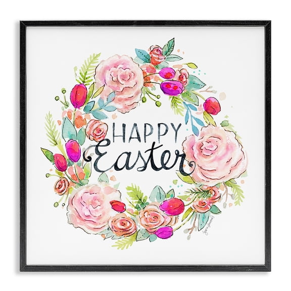 Stupell Industries Glam Happy Easter Vivid Pink Floral Blossom Border Black Framed Giclee Art, 12 x 12, by Jennifer Wambach