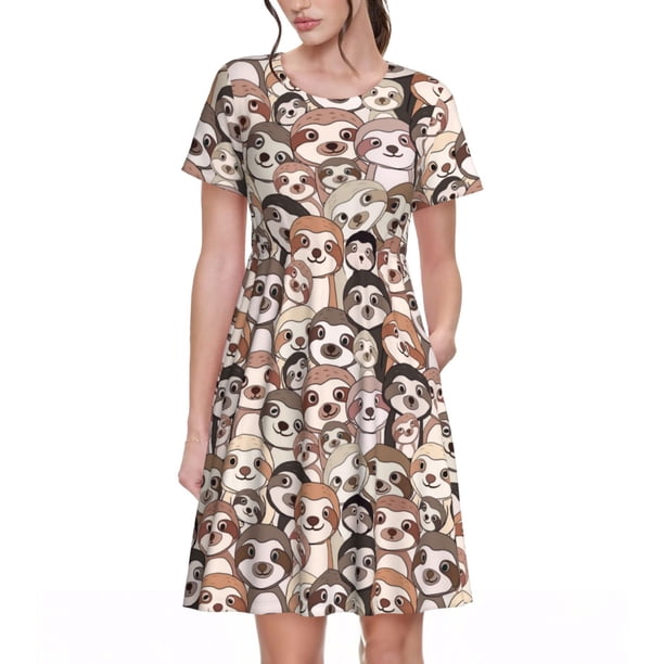 Disketp Brown Sloth para Vestido de Manga Corta para Mujeres, Vestidos de Verano para Mujeres, Casual y Holgado para la Playa