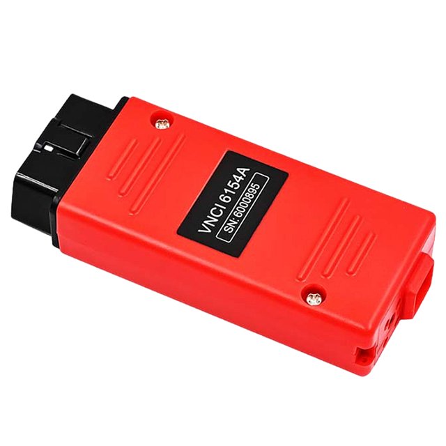 6154 escáner vnci 6154a no necesita controlador probador de diagnóstico compatible con can fd doip – Módulo diagnóstico rectangular en vista 3/4 con carcasa roja multicolor y conector OBD negro; etiqueta "VNCI 6154A", cuatro tornillos visibles y estrías en la superficie. Soporta CAN FD y DOIP, plug-and-play para modelos VAG (1995–2023) y es adecuado como herramienta de diagnóstico portátil para talleres móviles.