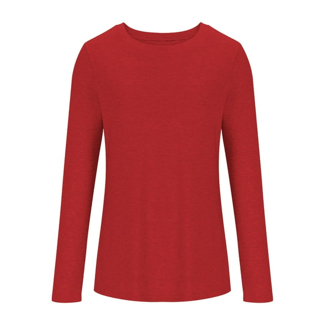 Lmnyox Chandails à Manches Longues pour Femmes Mode Col Rond T-Shirt Basique Automne Décontracté Couleur Unie Chandails