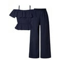 thumbnail image 6 of Mikrdoo Kid Girls Clothes 8Y,9Y,10Y,11Y,12Y Girls Straps Off Shoulder Crop Tops and Pants Set 2Pcs Spring Fall Outfits Navy Blue, 6 of 6