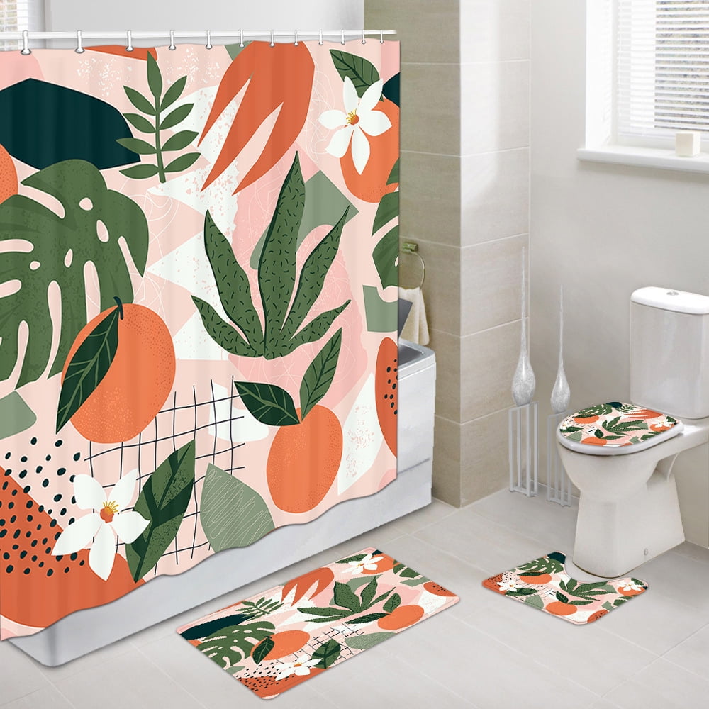 Fruit Shower Curtain and Bath Mat Set 69x70 Inch, Hand Painted Watercolor Peaches, Bathroom Mat