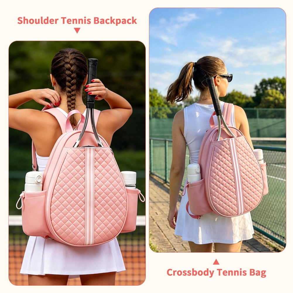 HUISZJ Tennis Bag, Water Resistant Quilted Tennis Sling Backpack with Water Bottle Holder, 16.54x12.6x1.85 inch Badminton Racket Bag for Women Men (Pink)