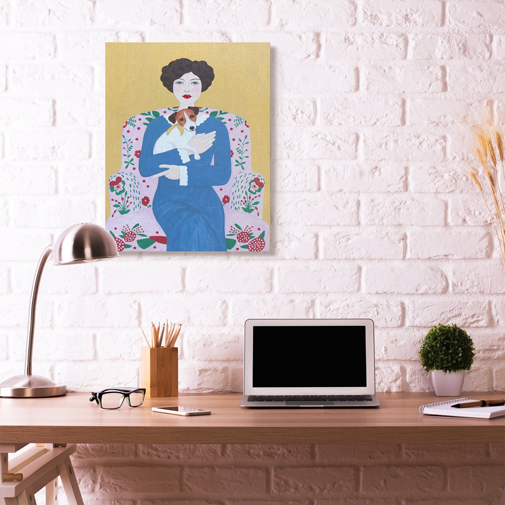 Stupell Home Décor Woman and Dog On Armchair Yellow Blue Animal Painting Canvas Wall Art by Sally B