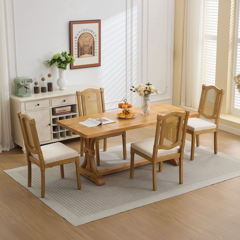Rattan Dining Chairs Set of 2, Solid Wood Kitchen Chairs with High Rattan Backrest, Matte Linen Cushion, Foam & S-Springs, Beige
