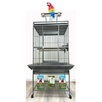 Large Dulexe Wrought Iron Play Perch Stand Ladder Ground Top Bird Parrot Rolling Metal Cage, Include Stainless Feed Cups Natural Wooden Stand Perch Seed Guard