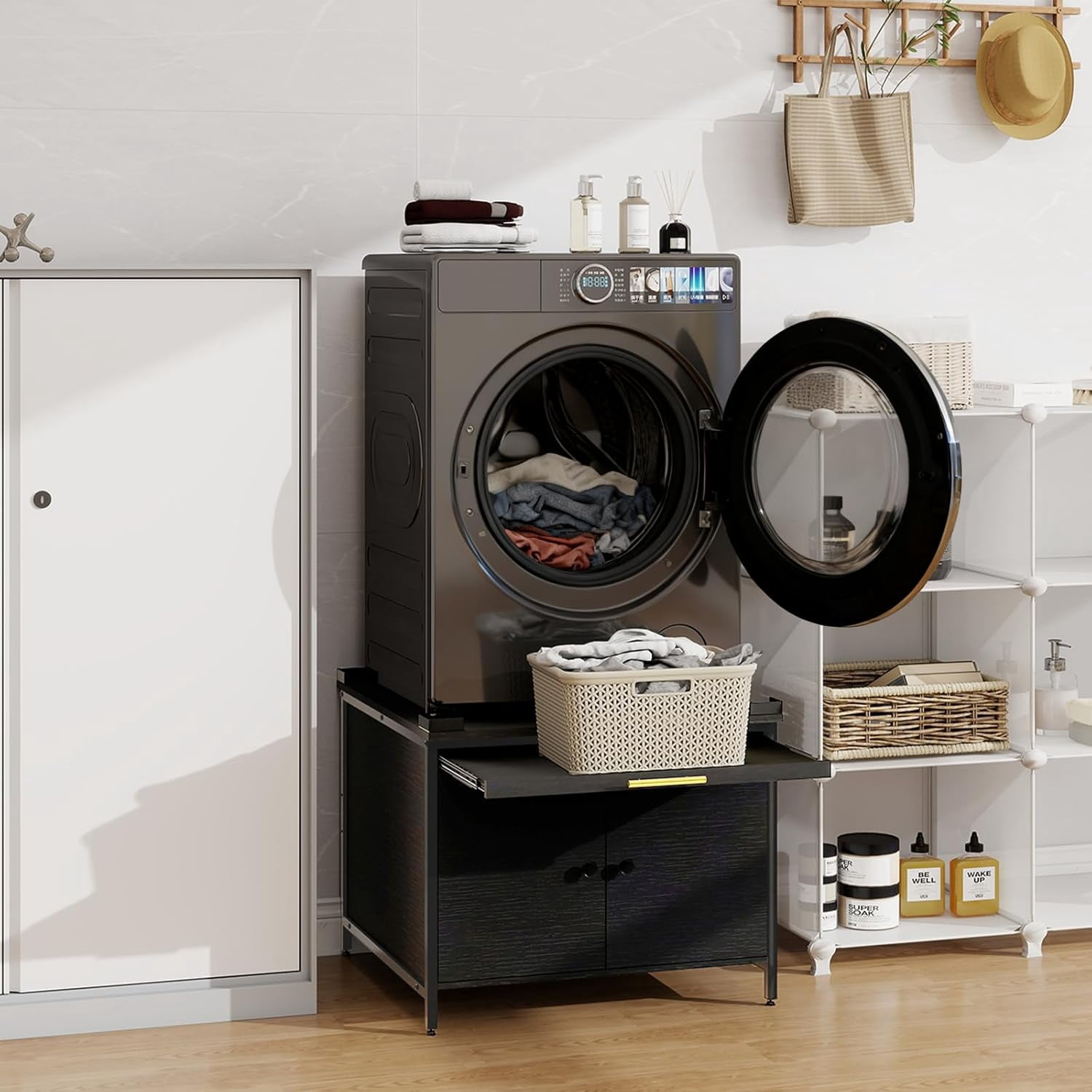 Laundry Pedestal for Washer and Dryer, 24" Universal Washing Machine Stand with Adjustable Feet and 4 Panel Corner, Fit Anti-Vibration Design with Telescopic Laundry Basket Shelf, 700 LBS Capacity