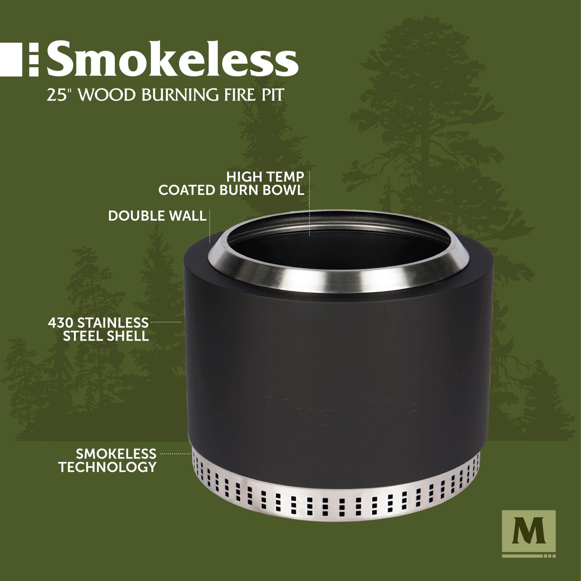 Muskoka 25" Black Steel/Stainless Steel Smokeless Wood Fire Pit with Lid, Poker & Protective Cover
