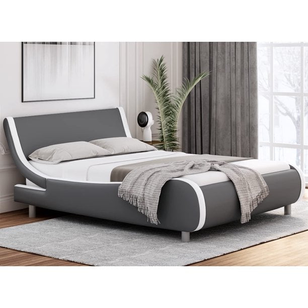 Homfa Queen Bed Frame,Low Profile Sleigh Bed,Upholstered Platform Bed