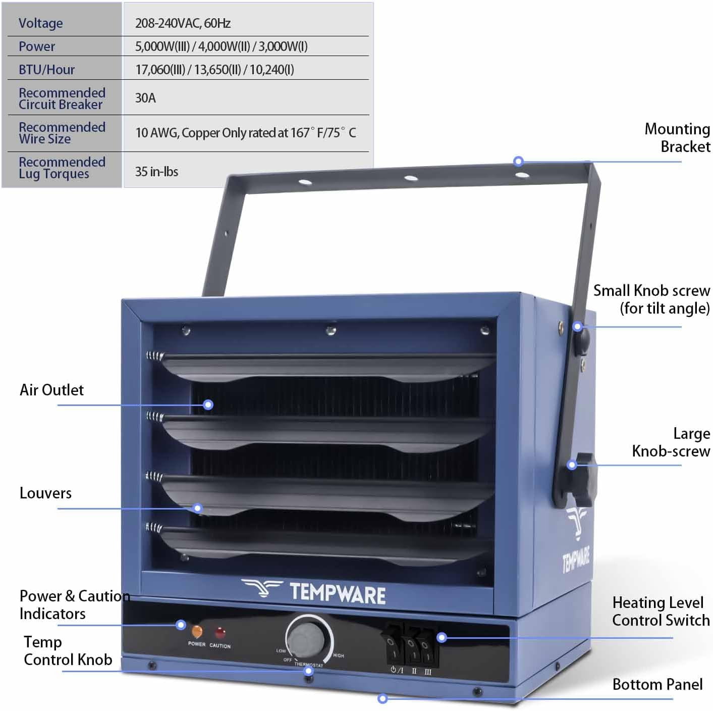 TEMPWARE Electric Garage Heater, 5000-Watt Ceiling Mount Shop Heater with 3  Heat Levels, 240-Volt Hardwired Fan-Forced Industrial Ideal for Workshop  Blue - Walmart.com