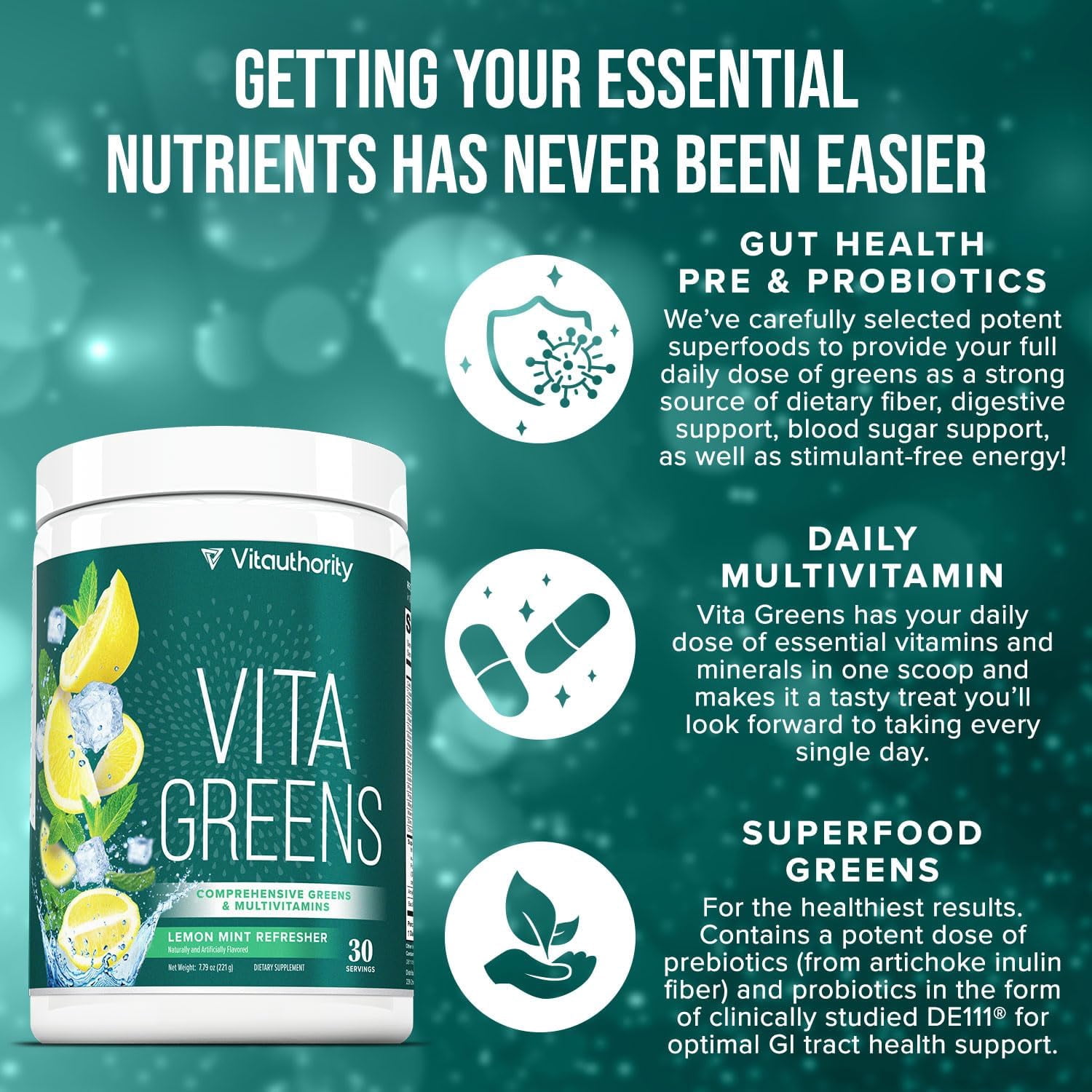 Vitauthority Vita Greens Superfood Dietary Supplement Powder, Daily Multivitamin, Gut Health & Immune Support Blend, Lemon Mint, 30 Servings