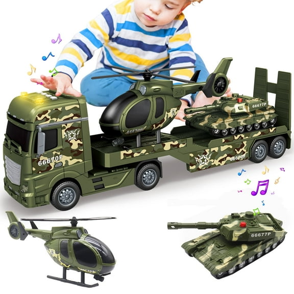 3 in 1 Large Military Truck Toys, 25.6" Semi Flatbed Truck Toy with Helicopters and Tank, Friction Powered Military Transport Vehicles Toy with Lights & Sounds