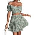 thumbnail image 4 of Women's 2 Piece Outfits Floral Off Shoulder Tie Up Crop Top & Ruffle Trim Mini Skater Skirt Set Puff Short Sleeve Elastic Waist Summer Casual Sexy Outfit for Beach Vacation Party and Dating, 4 of 6