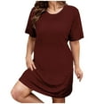 thumbnail image 3 of CFLVAEK Plus Size Dresses for Women Loose Fit Crewneck Short Sleeve T Shirt Dress Solid Color Beach Vacation Mini Dress Brown XXXL, 3 of 6