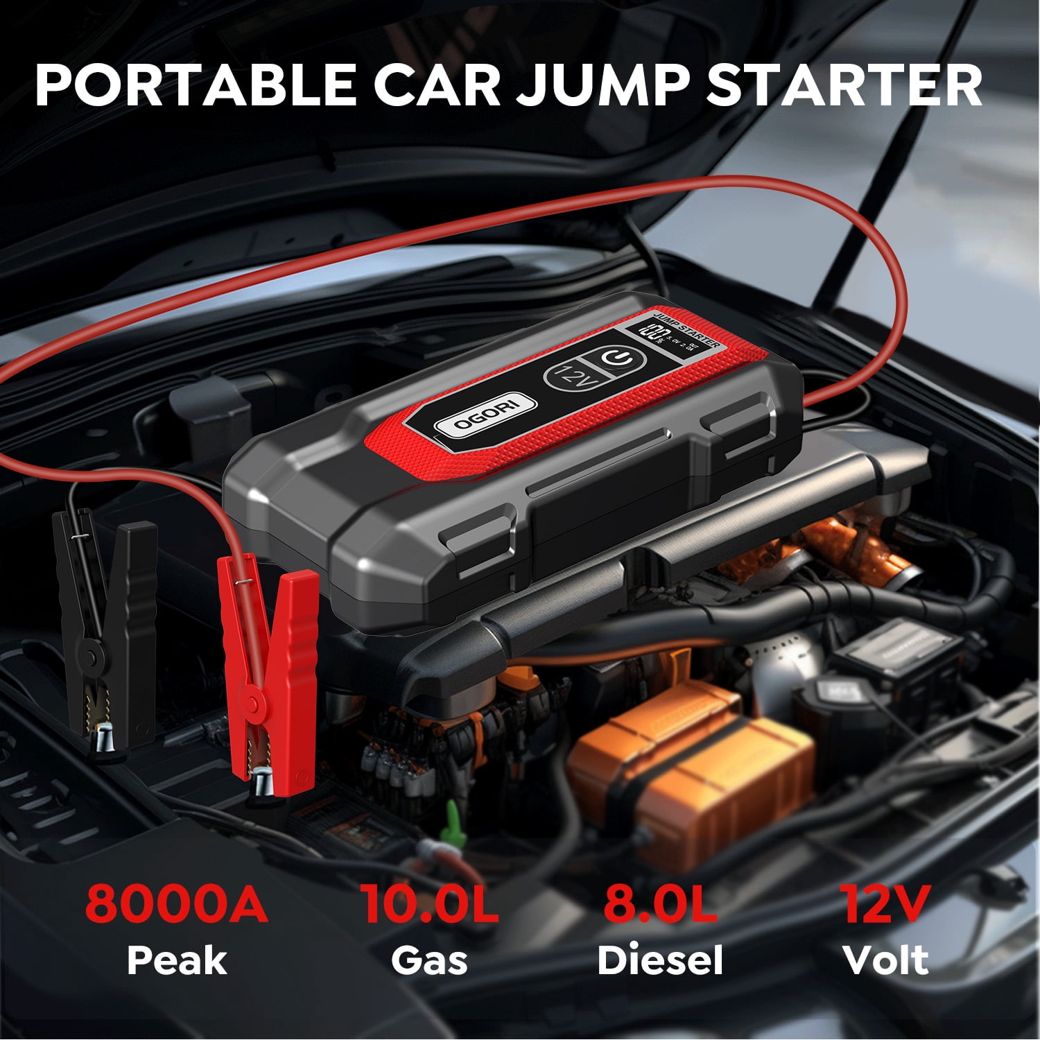 OGORI Car Jump Starter Portable, 8000A Peak 12V Battery Jump Starter with Jumper Cables &  LED Light, Car Battery Booster Charger Power Pack, Jump Box, up to 10.0L Gas/8.0L Diesel