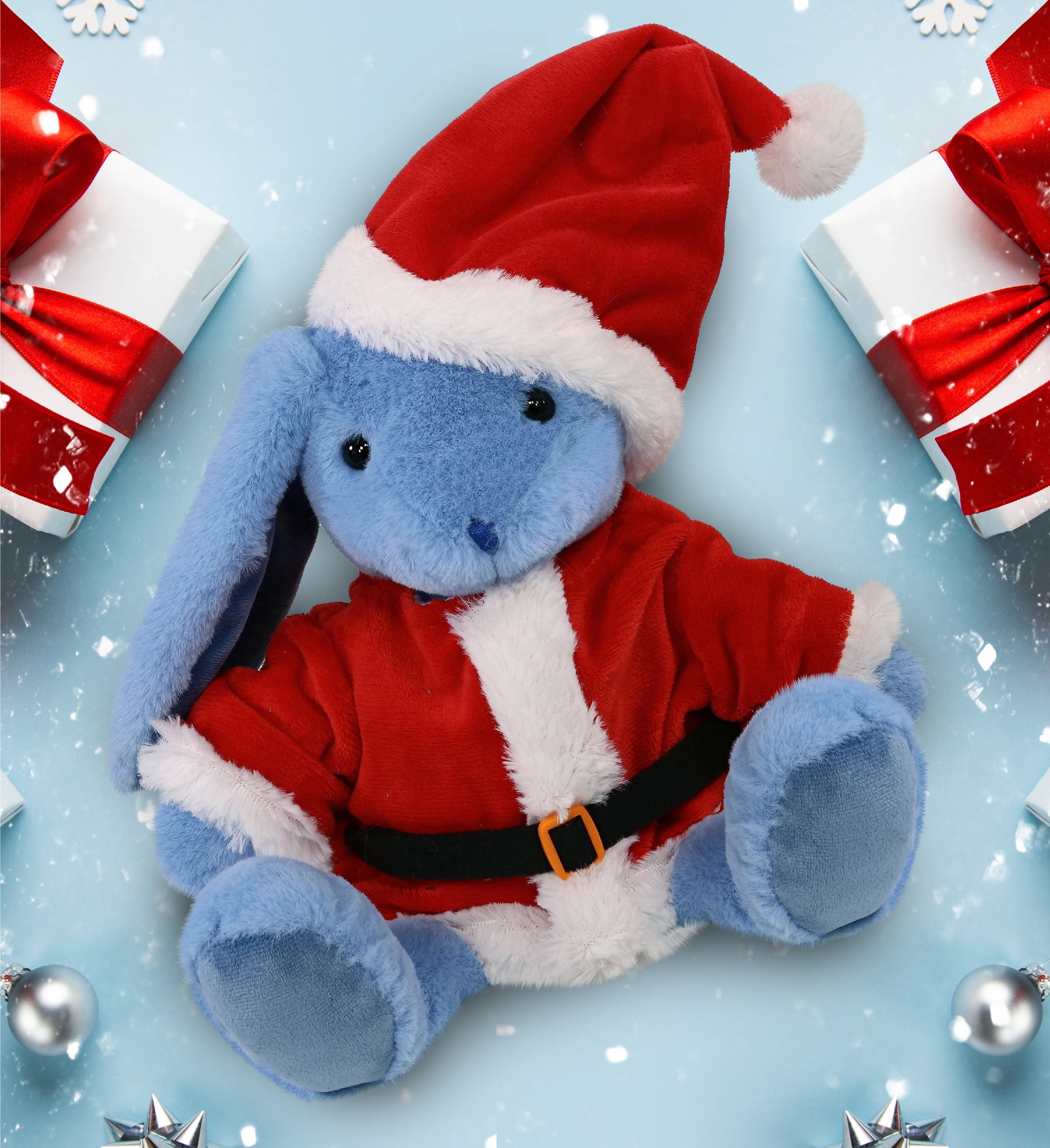 DolliBu Santa Baby Blue Rabbit Stuffed Animal Plush Toy - Super Soft Dress Up with Red Santa Claus Outfit, Cute Farm Life Rabbit Gift Perfect Holiday Christmas Gift - 8 Inches