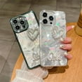 thumbnail image 2 of Feather Pattern Holographic Laser Love Heart Pearl Glitter Bling Diamond Compatible with iPhone Case (Gold,iPhone 13), 2 of 7