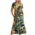 thumbnail image 2 of Wycnly Summer Dresses for Women Dresses for Women Loose Pocket Flowy Pleated Swing A Line Long Dress Ladies Elegant Marbled Print Round Neck Short Sleeve Maxi Dresses, 2 of 6
