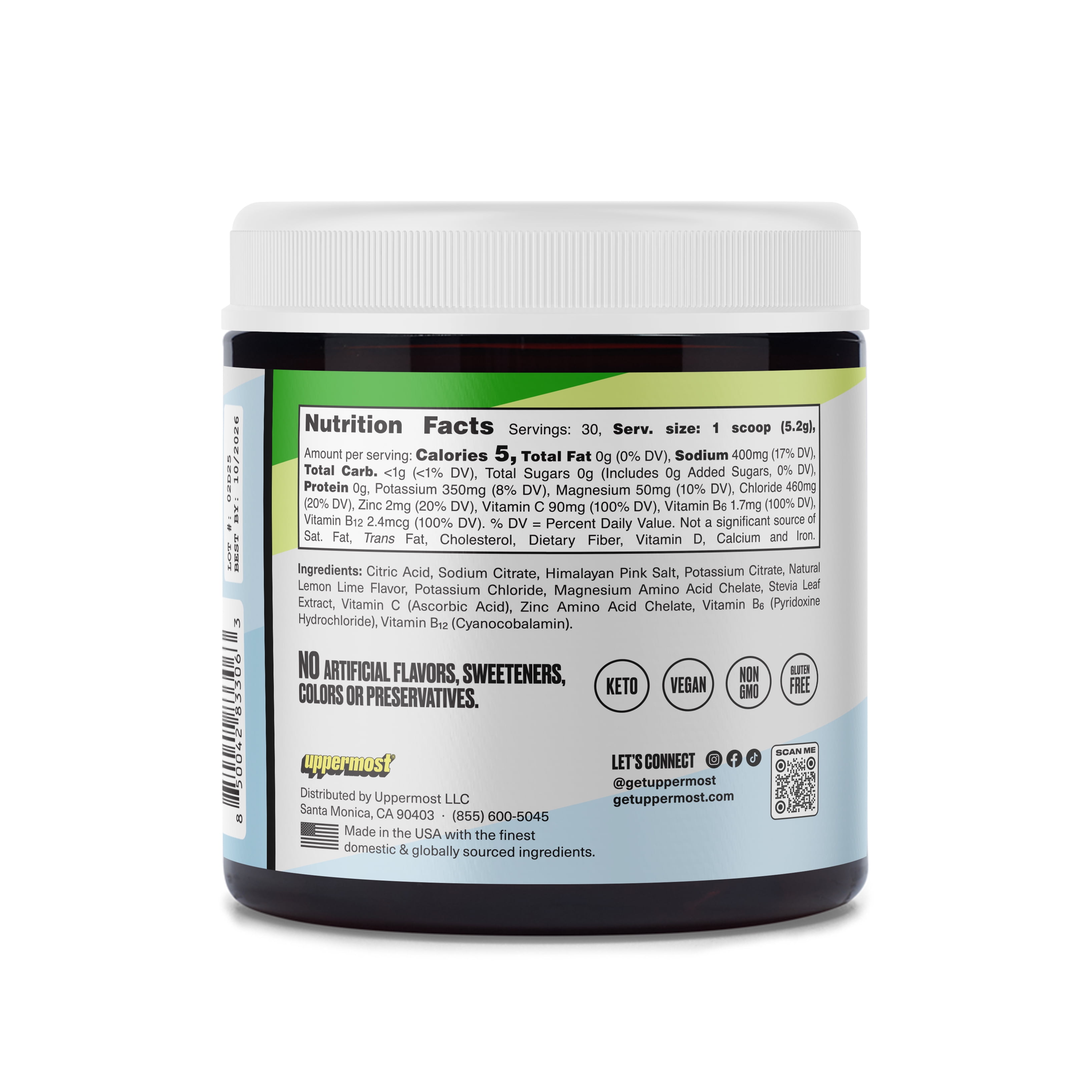 Uppermost Hydrate Electrolyte Powder Sugar Free Hydration Drink Mix Keto - Lemon Lime - 30 Servings