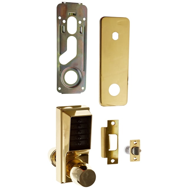 Kaba Simplex 1000 Series Combination Entry Cylindrical Mechanical Pushbutton Lock with Knob, No Key Override, Cylindrical 13mm Throw Latch, Floating Face Plate, 70mm Backset, Bright Brass Finish