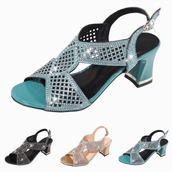 Women's Low Wedge Sandals Sparkly Rhinestone Open Toe Fashion Dress Shoes Lady Bridal Lightweight Dance Evening Heels Gold Size 9.5