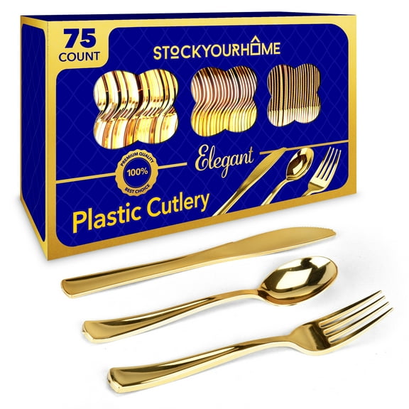 75 Pieces Heavy Duty (Gold) Plastic Silverware Set, Disposable Cutlery Set, Great for Parties, Weddings, and Catering, Flatware Utensils Included: 25 Forks, 25 Spoons, 25 Knives, Stock Your Home