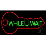 While You Wait Key Logo LED Neon Sign 13 Tall x 24 Wide - inches Black Square Cut Acrylic Backing, with Dimmer - Premium built indoor Sign for Storefront, Store interior, Exhibition, Decor.