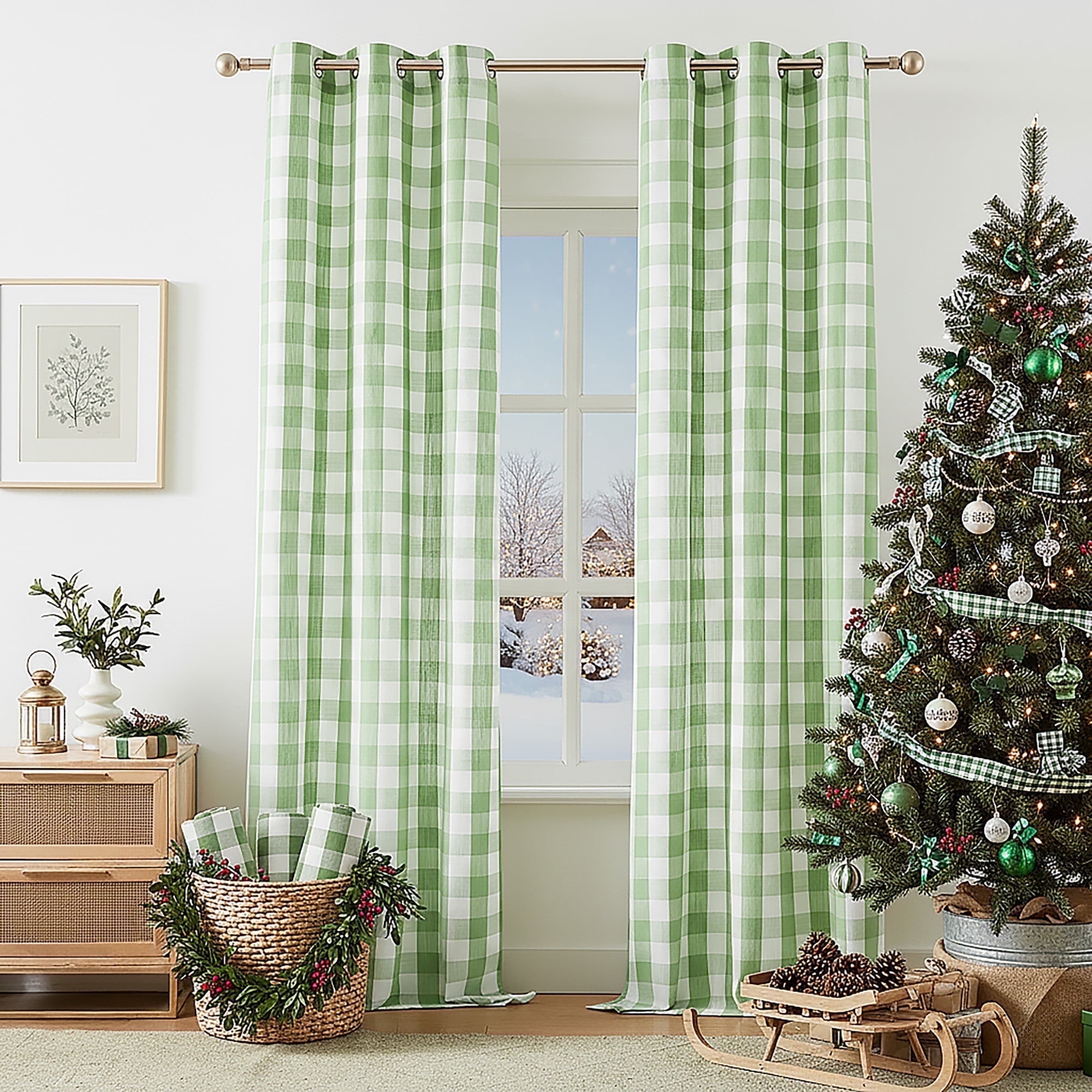 Flowpartex 2 Pieces Buffalo Check Semi Sheer Curtain Panels Green and White Plaid Textured Curtains Drapery, 40"Wx84"L Farmhouse Grommet Top Window Drapes for Living Room Bedroom