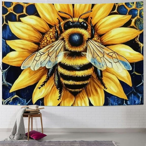BCIIG Bees Tapestry Large Kids Sunflower Floral Wall Blanket for Boys Girls Teens Honeycomb Wall Hanging Farmhouse Wall Art Room Decorations Blue Yellow 40x30inch