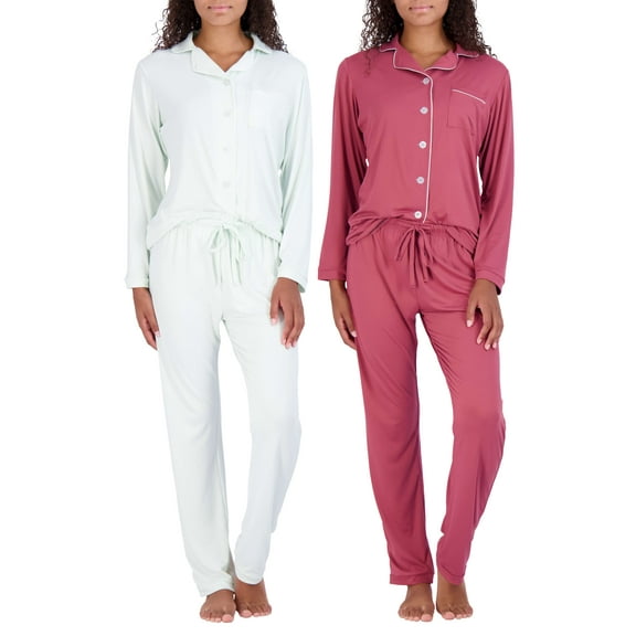 Real Essentials 4 Piece: Womens Long & Short Sleeve Button Down Pajama Set - Ultra Soft (Available In Plus Size)