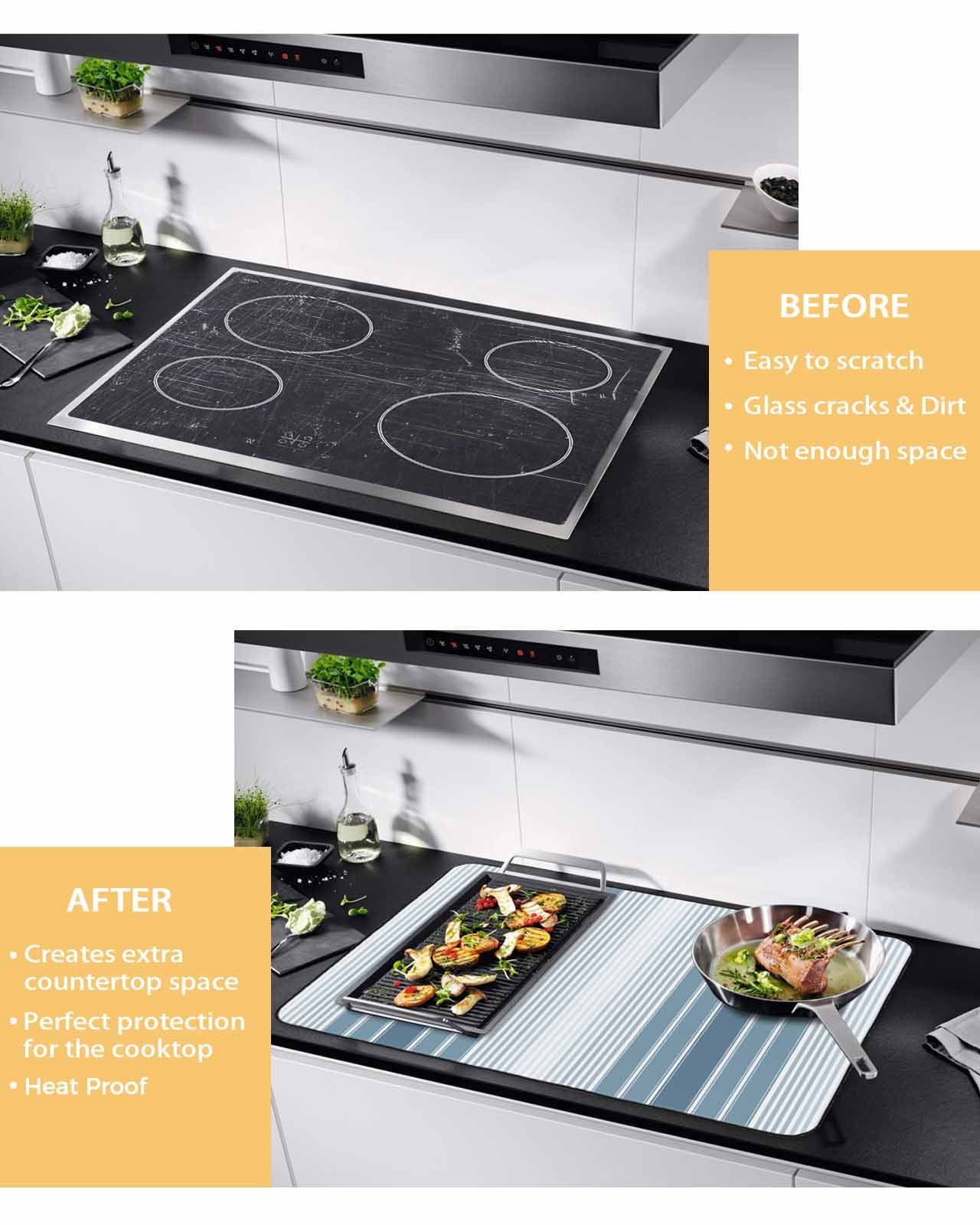 nqOlkjepod Large Induction Cooktop Protector Mat 36"x21", Blue Ombre Stripe Stove Top Covers for Electric Stove, Farmhouse Simple Striped Decorative Stove Burner Cover Mats, Glass Top Stove Cover
