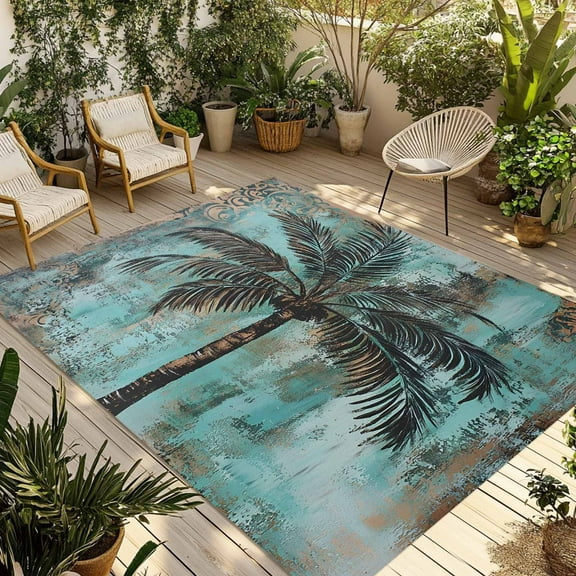 Fsddascl Boho Coastal Tree Outdoor Rug for Patio/Deck/Porch, Non-Slip Large Area Rug 5 x 8 Ft, Ocean Vintage Tropical Plant Flower Indoor Outdoor Rugs Washable Area Rugs, Camping Rug Carpet