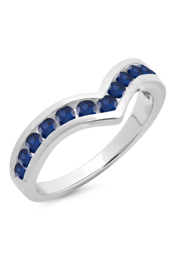 Collection 0.60 Carat (ctw) 14K Round Blue Sapphire Wedding Stackable Band Chevron Ring, White Gold, Size 7