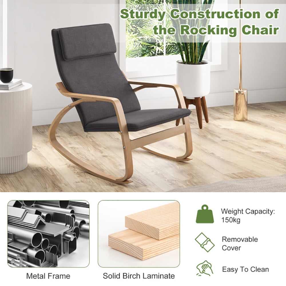 Finihen Modern Rocking Chair, Stable Wooden Frame Leisure Rocking Chair with Removable Upholstered Cushion, for Bedroom, Living Room, Gray Finihen Modern Rocking Chair, Stable Wooden Frame Leisure Rocking Chair with Removable Upholstered Cushion, for Bedroom, Living Room, Gray