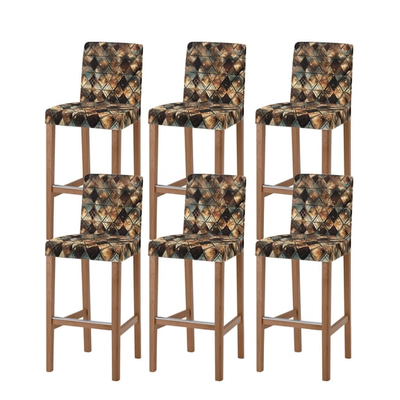 Brown Teal Geometric Bar Stool Covers Set of 6, Retro Modern Plaid Abstract Art Stretch Washable Bar Chair Covers with Backs, Removable Pub Counter Height Chair Cover for Kitchen Dining Room Cafe