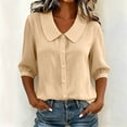 thumbnail image 5 of GERsome 3/4 Sleeve Shirts for Women Button Down Crew Neck Collared Tops Casual Work Summer Blouses,Khaki,Size L, 5 of 9