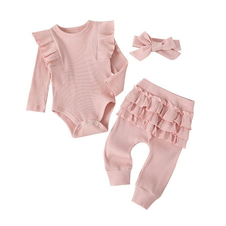 

EHTMSAK Newborn Infant Baby Toddler Girl Outfits Clothing Set Bodysuit and Pants Set Ruffle Long Sleeve with Headband Pink 0-2Y 90