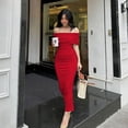 thumbnail image 2 of Vestido plisado de manga corta para mujer, traje de una línea con hombro descubierto, Color liso, ajustado a la cadera, 2024, 2 of 4