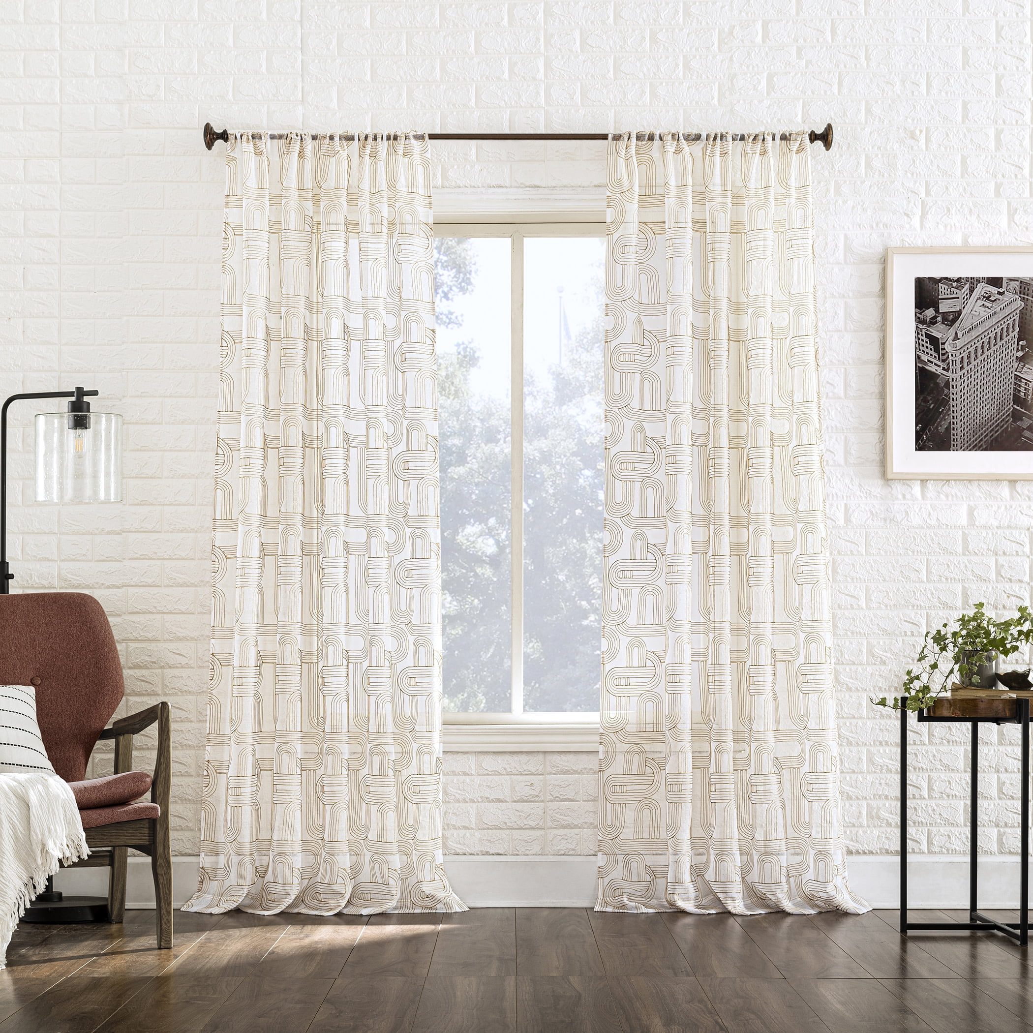 No. 918 Kaz Embroidered Retro Curves Sheer Curtain Panel, 1-Piece Rod Pocket Indoor Window Panel, 50”x63", Champagne