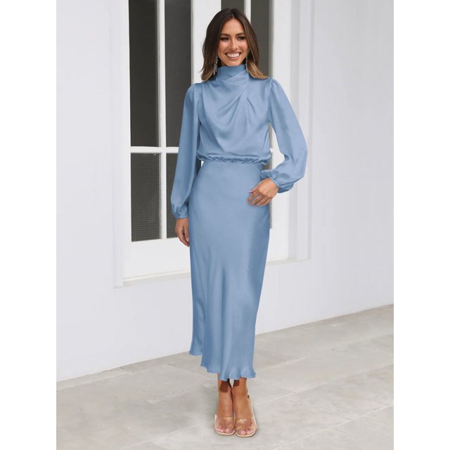 Vestido de primavera y otoño con diseño de sentido del diseño, vestido de manga larga con cuello halter, vestido de noche elegante de satén de alta sociedad
