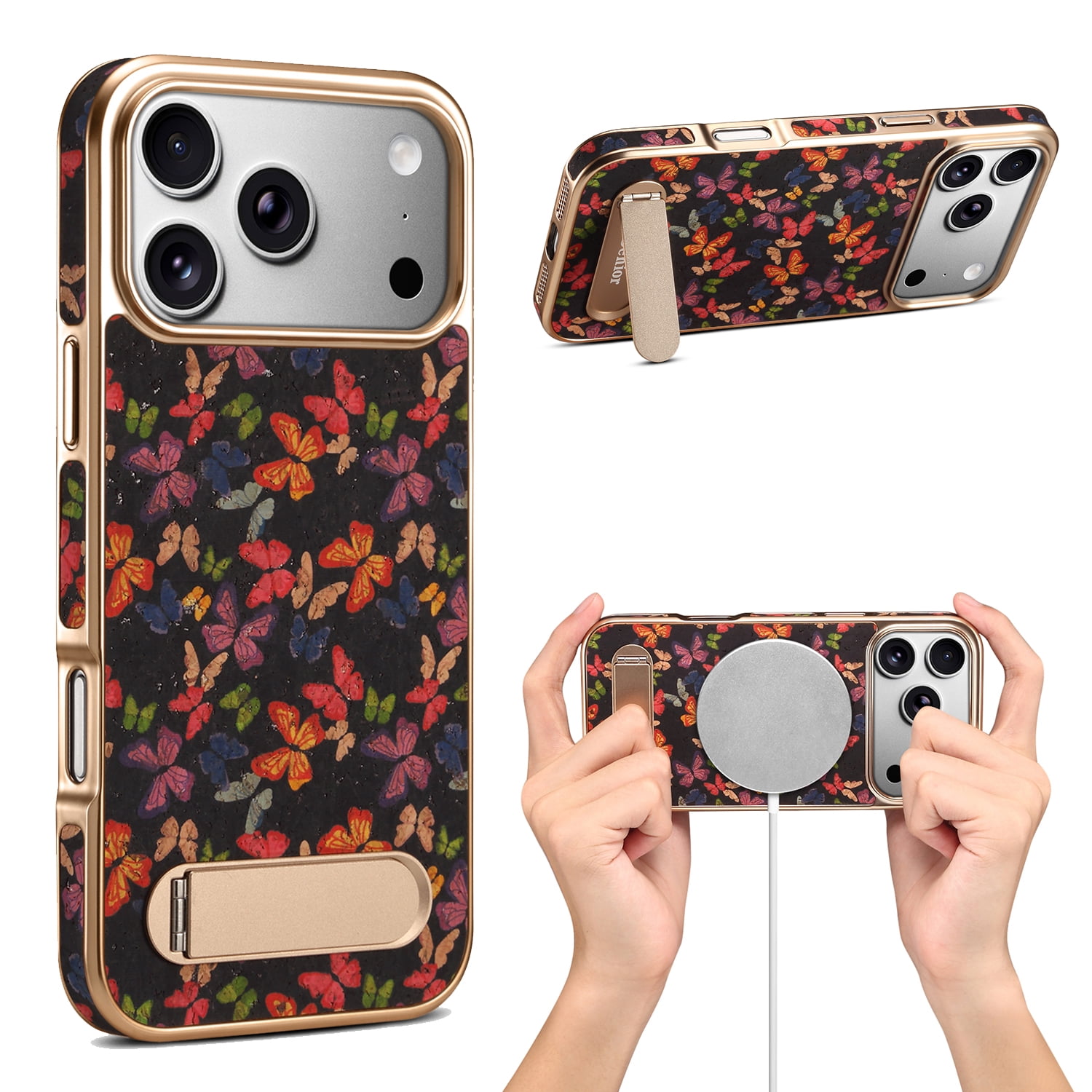 Case for iPhone 17 Pro Max, Compatible with MagSafe Metal Stand Slim Plating PC Drop Protective Cover for Women Girls, Butterflies Pattern Aesthetic Detachable Mangetic PU Leather Back Part, Black