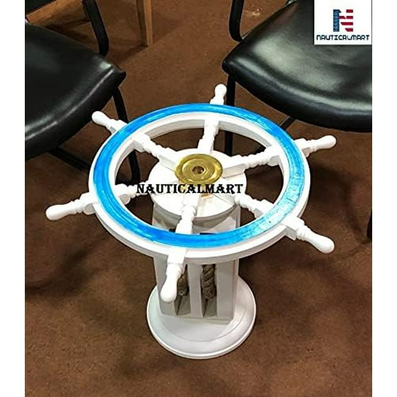 Nautical Wooden Distressed White Ship Wheel Table Home Decor Coffee Table with Pulley Base