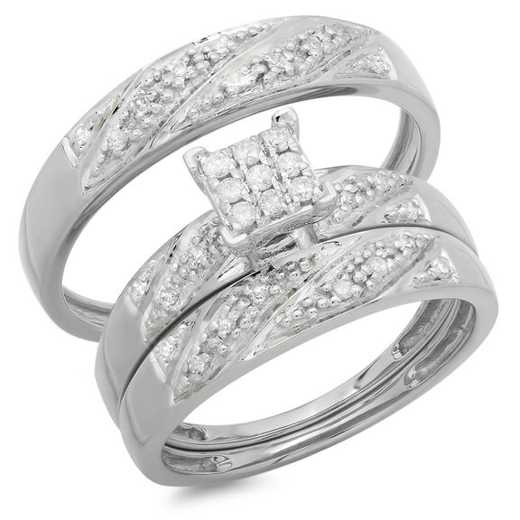 0.33 Carat (ctw) 10K Gold Round Cut Diamond Men & Women's Cluster Engagement Ring Trio Bridal Set 1/3 CT