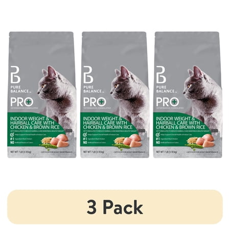 (3 pack) Pure Balance Pro+ Indoor Weight & Hairball Care Chicken & Brown Rice Dry Cat Food, 7 lbs