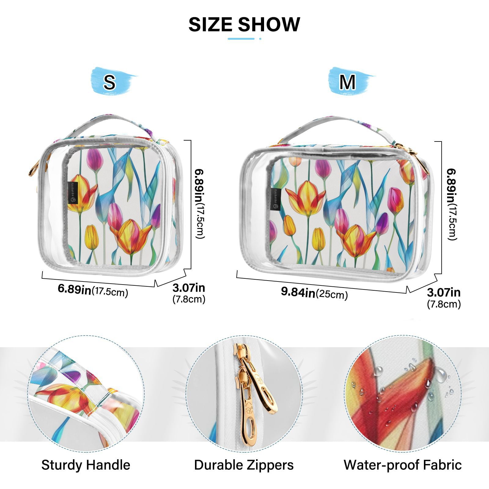 Clear Makeup Bags with Handle Large Opening 2 Pack Set Toiletry Bag Quart Size Bag, for Women Man Traveling Travel Essentials, Toiletries and Other. Tulipa Blue Leaf