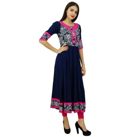 Bimba Women Blue Anarkali Kurti Rayon Printed Flaired Kurta Long Dress Clothing