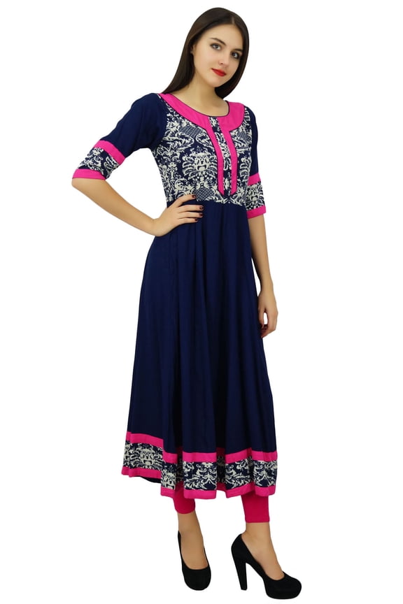Women Blue Anarkali Kurti Rayon Printed Flaired Kurta Long Dress Clothing